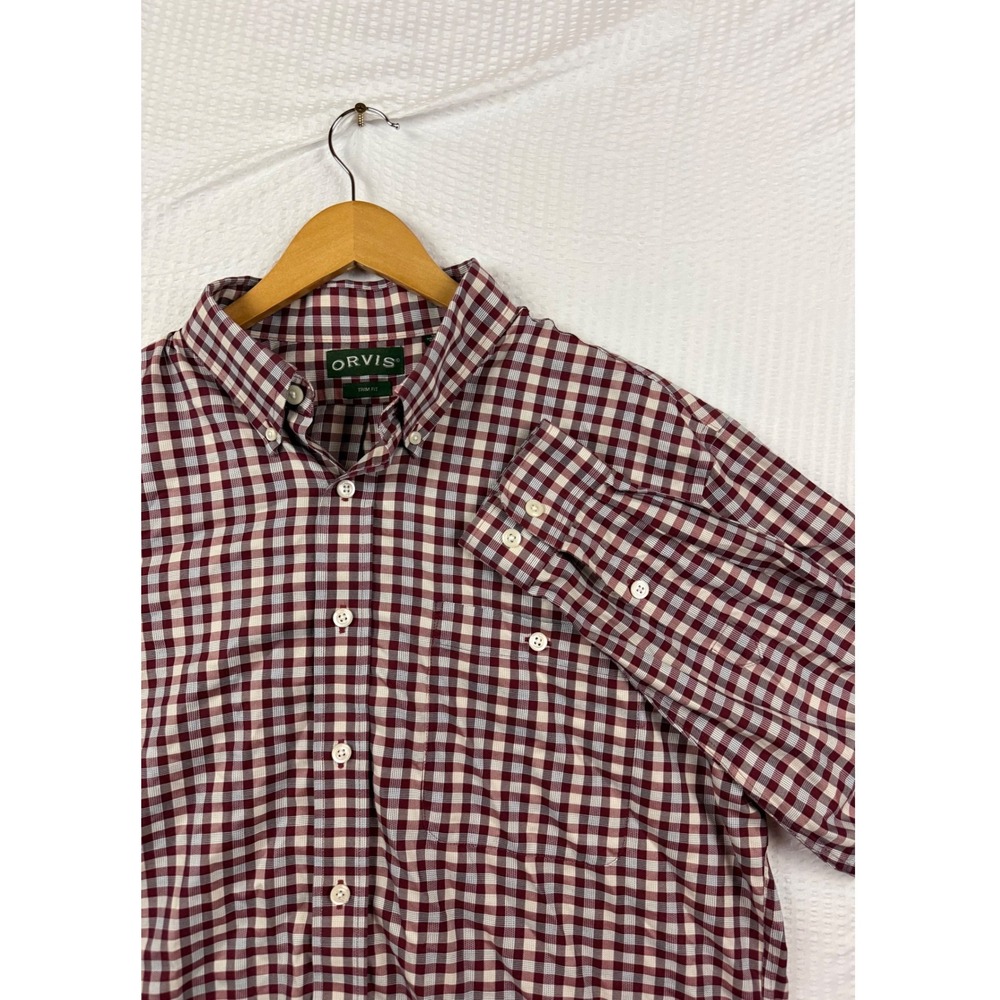 Orvis Mens XL Trim Fit Wrinkle Free Cotton Gingham Button Down Shirt Maroon